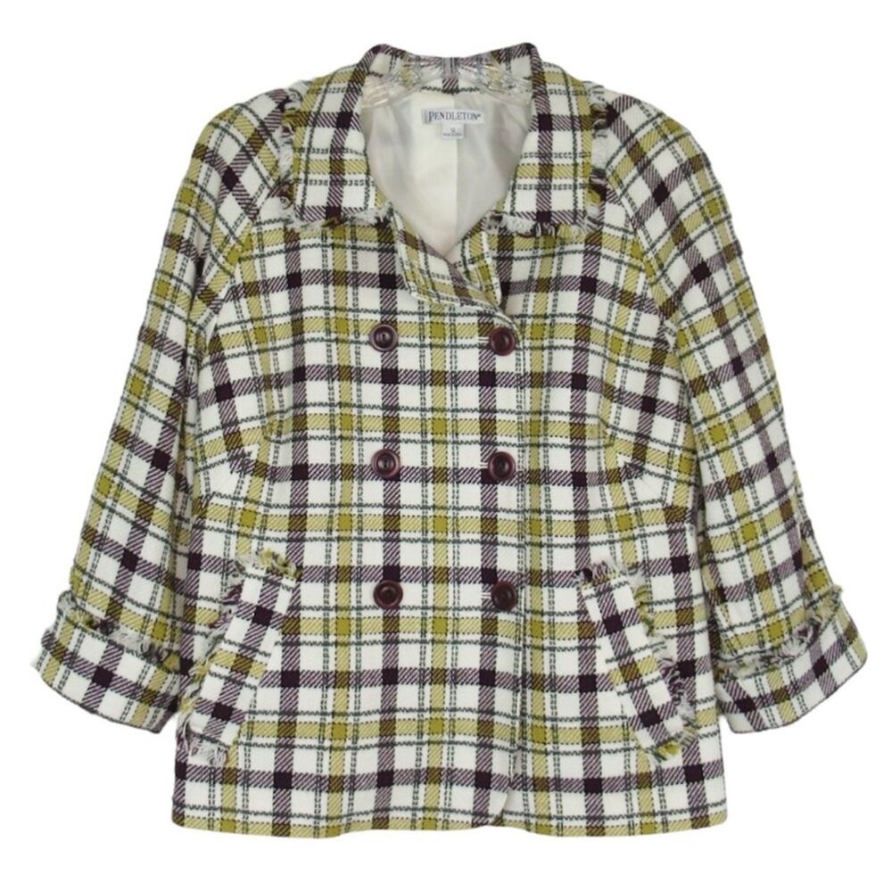 PENDLETON Plaid Tweed Jacket Double Breasted Fringe Trim Women’s Size 12